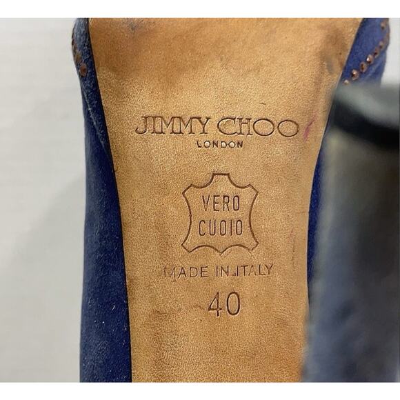 Jimmy Choo Blue Suede Silver Bronze Studded Peep Toe Booties Size EU 40 - Picture 3 of 11